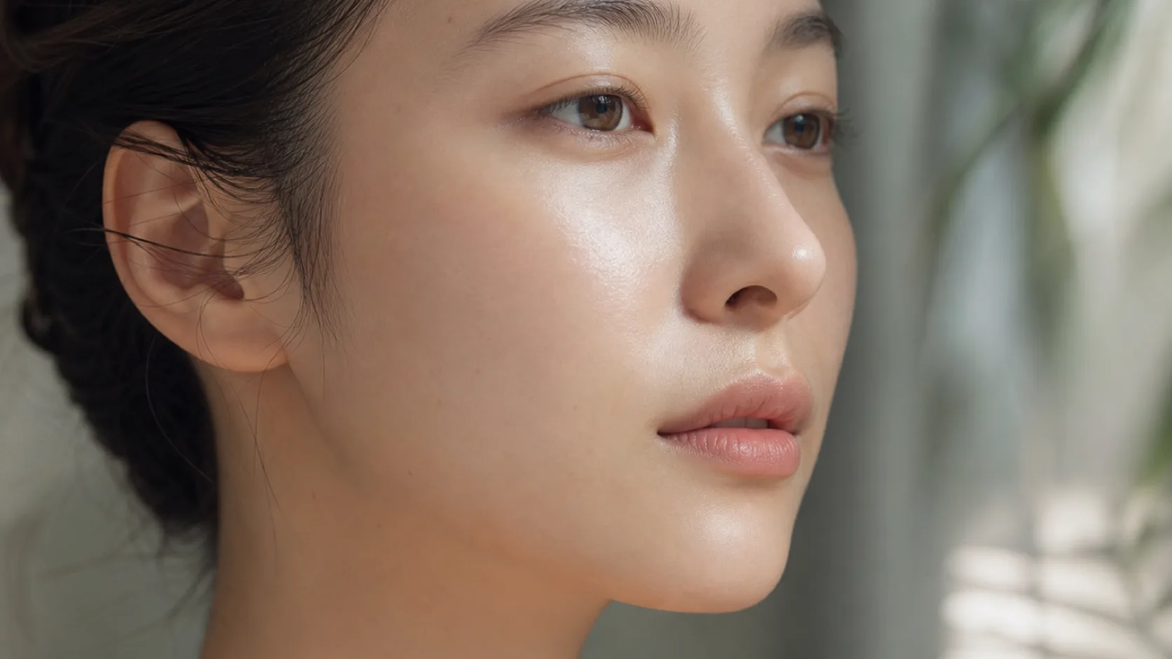ใบหน้าด้านข้างของผู้หญิงเอเชียที่มีผิวเรียบเนียนในแสงนุ่มนวล