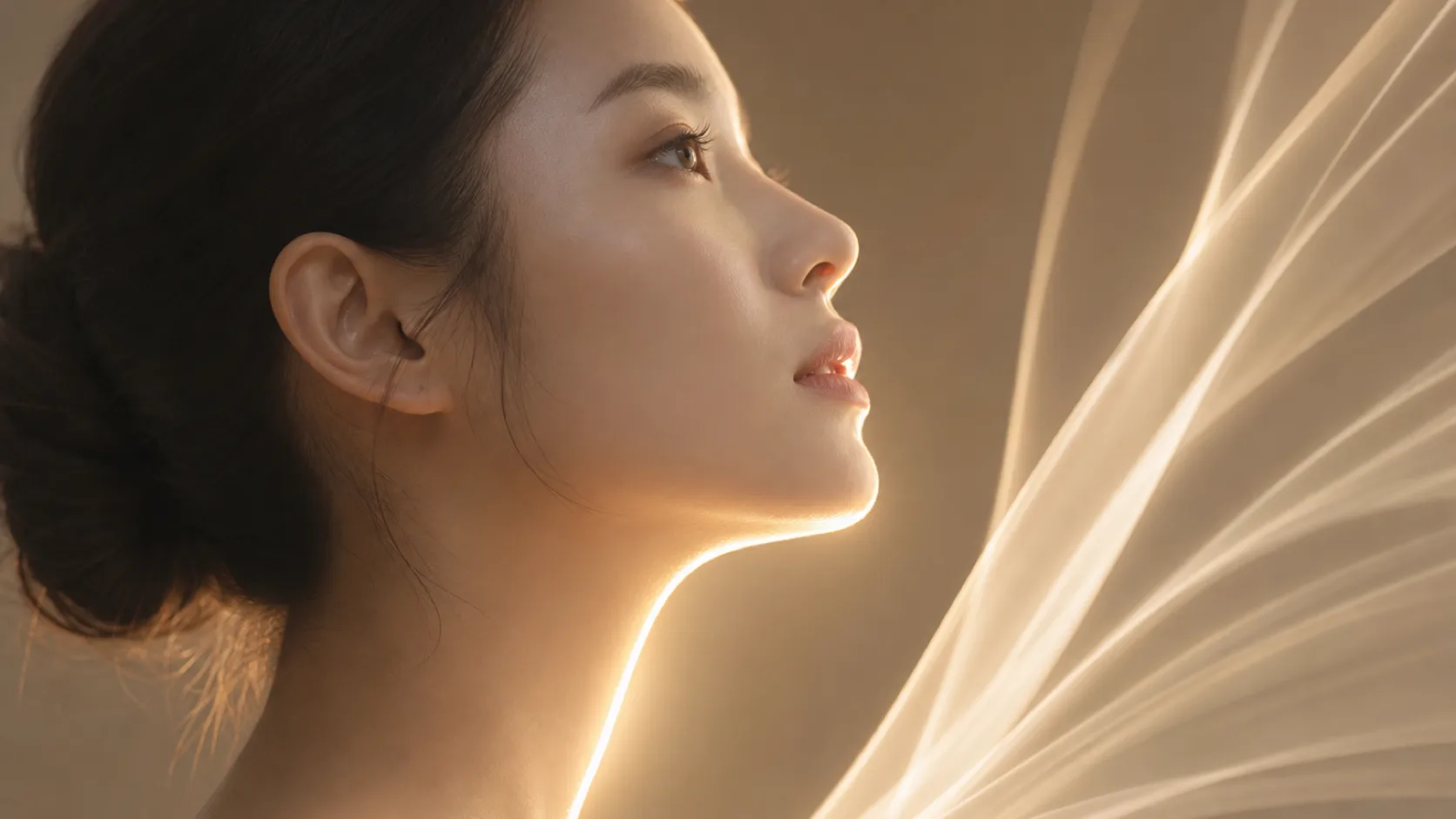 ภาพเงากรอบหน้าด้านข้างในแสงสีทอง สื่อถึงการยกกระชับ
